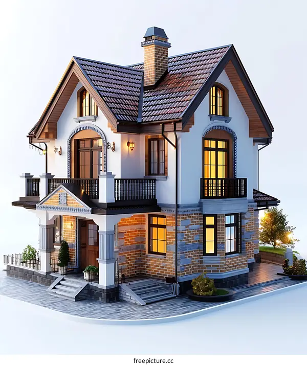 Modern Two Story House Exterior Design With Brick Walls And Balcony