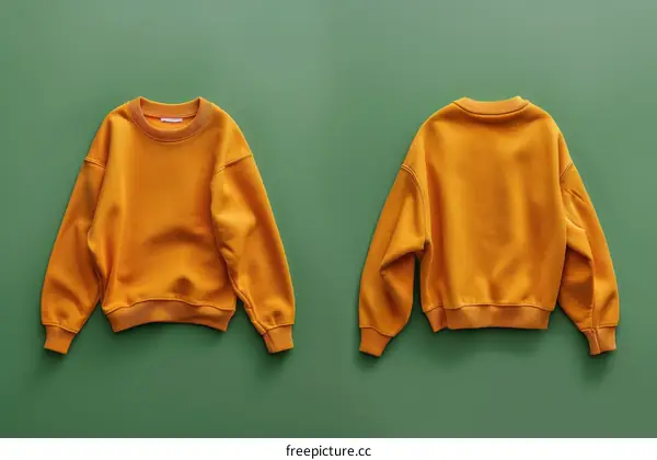 Blank orange sweatshirt isolated on green background, front and back view