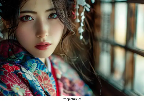Portrait of a beautiful Asian woman in traditional Japanese kimono