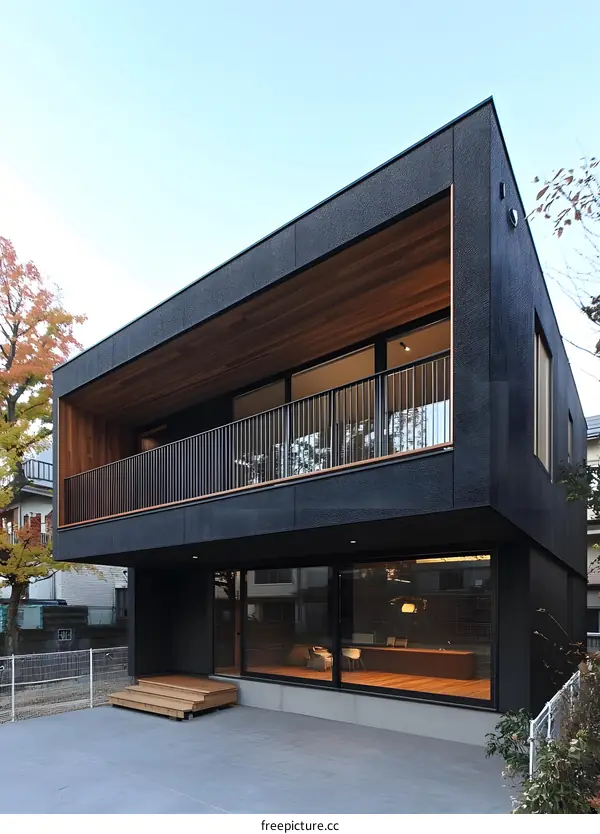 Modern Black House Exterior With Balcony And Large Windows