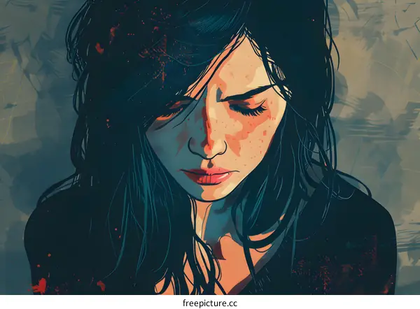 A digital painting of a young woman with long black hair and red lips. She is looking down with her eyes closed.