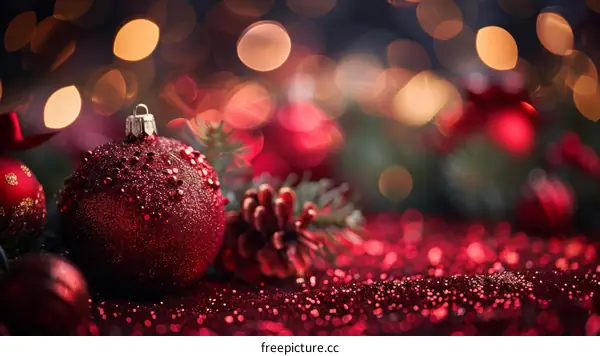 Red and gold Christmas ornaments on a red sparkly background