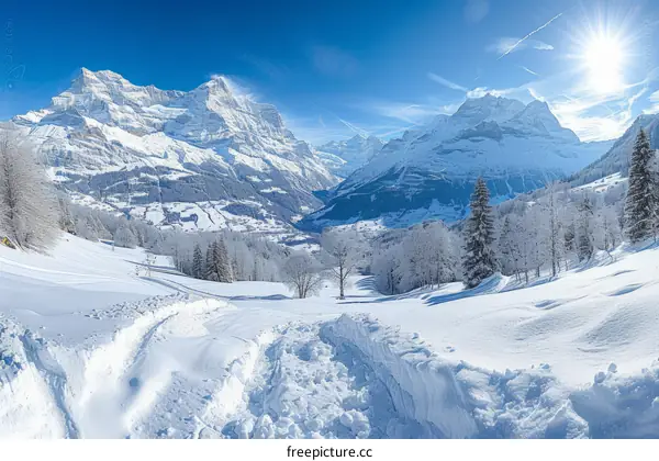 A winter wonderland of snow-capped mountains and a valley blanketed in snow