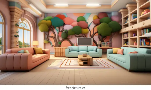 Interior of living room, big tree mural on wall