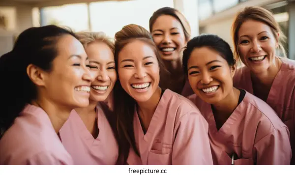 A group of female nurses in pink scrubs are posing for a photo. They are all smiling and laughing.