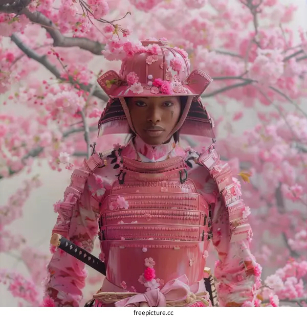 Stunning Black Female Samurai in Pink Armor Amidst Cherry Blossoms