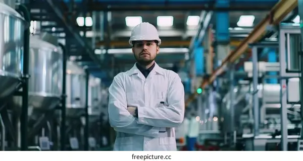 Portrait of a male worker in a hard hat standing in a factory with arms crossed