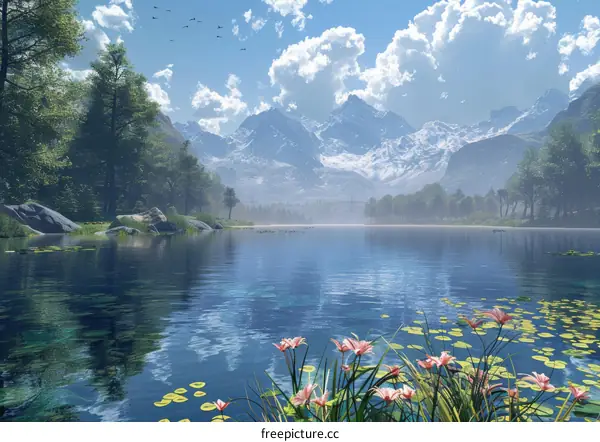 Tranquil Mountain Lake with Trees and Flowers
