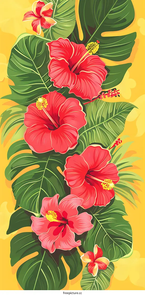 Tropical Flowers  Illustration with Green Leaves