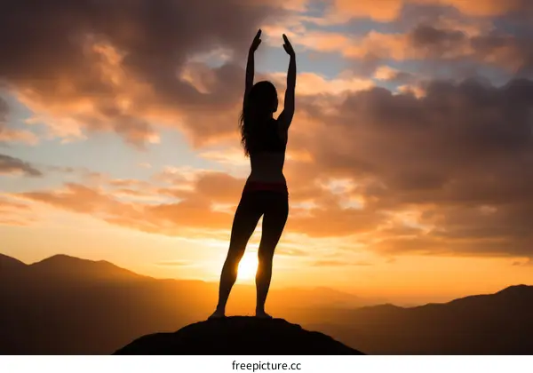 Woman in yoga pose on mountaintop at sunset
