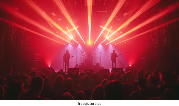 Rock concert with the silhouettes of the band members on stage