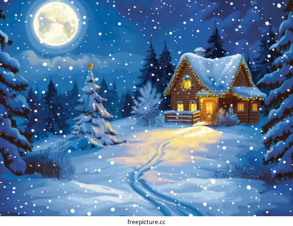 Christmas Cabin in Snowy Forest