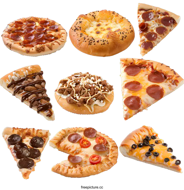 [Transparent Background PNG]Various Pizza Toppings and Styles Isolated on White Background