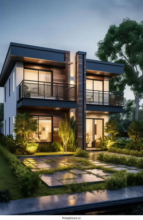 Modern Two-Story House Exterior with Landscaping