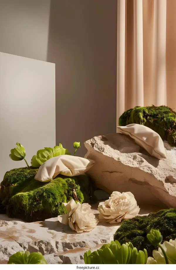 Natural Stone and Floral Arrangement with White Pillows