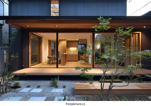 Modern Japanese House with Wooden Deck and Garden