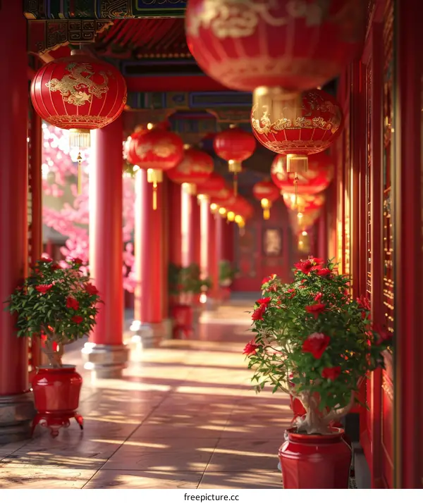 Traditional Chinese Courtyard with Red Lanterns