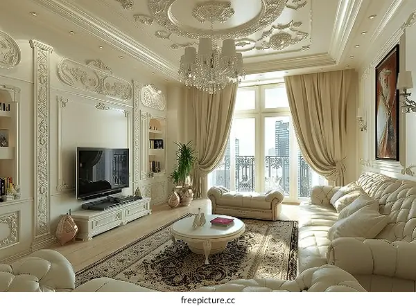 Modern luxurious living room with fireplace and big window