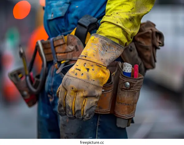 Construction worker wearing a tool belt and gloves