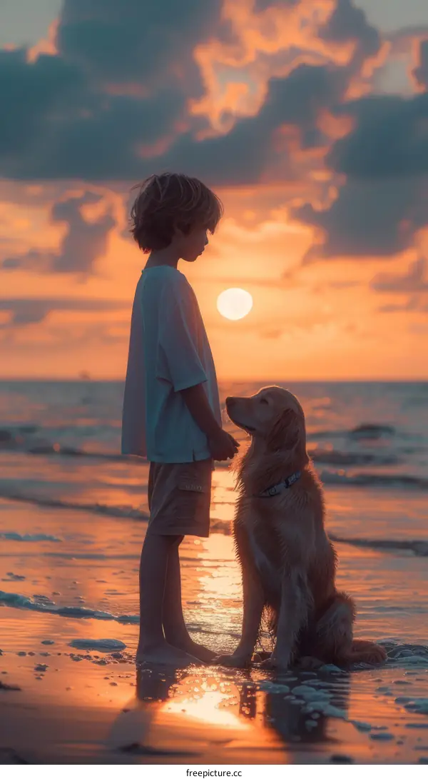 Boy walking with his dog in the beach at sunset