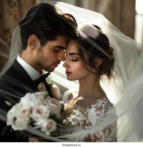 A beautiful bride and groom share a tender moment on their wedding day