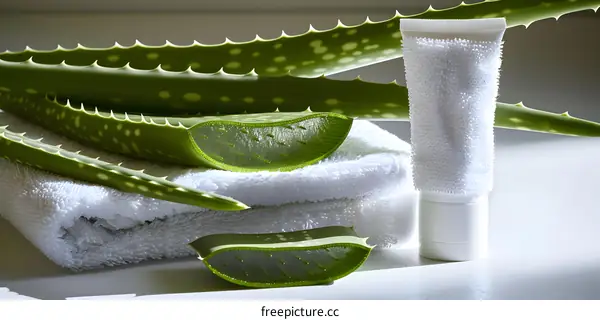 Aloe Vera Plant Leaves and Cream Tube with White Towels
