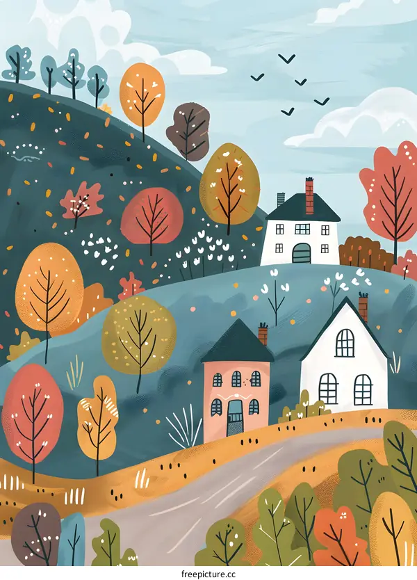 Autumn Landscape with Houses and Trees Illustration