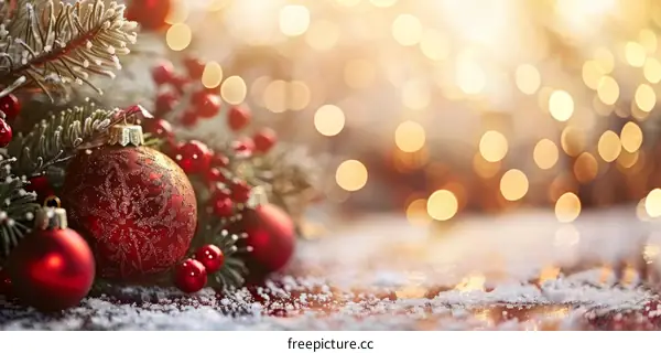 Red and Gold Christmas Ornaments on Snow