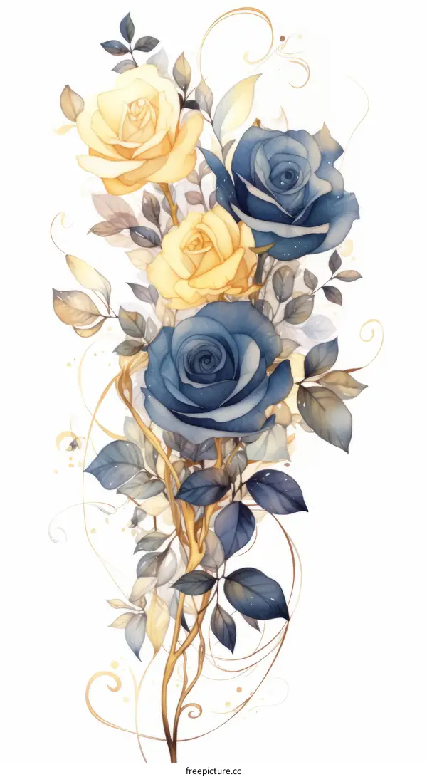 Blue and yellow roses with leaves