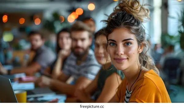 Portrait of a young woman in a yellow shirt smiling at the camera