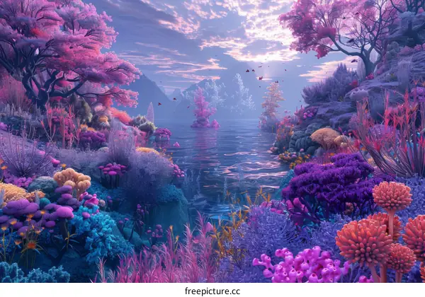 Surreal Landscape with Pink Water and Purple Trees