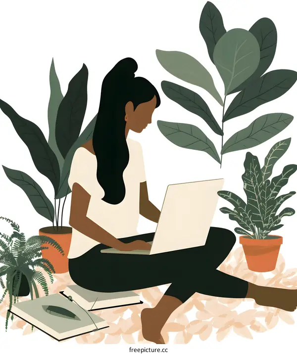 Woman Sitting with Laptop and Plants