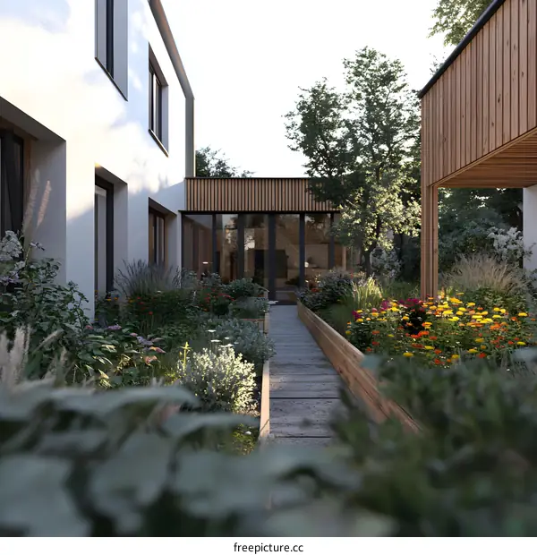 Modern Backyard Garden Design with Stone Pathway and Wooden Fence