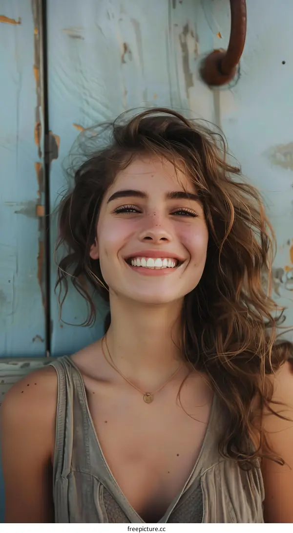 Smiling Woman Outdoors by a Painted Door