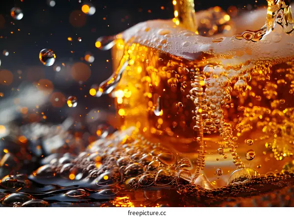 Golden liquid with bubbles and drops