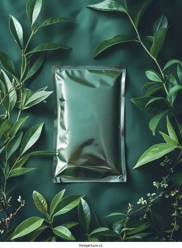 Green tea leaves and branches with blank silver packaging in the center