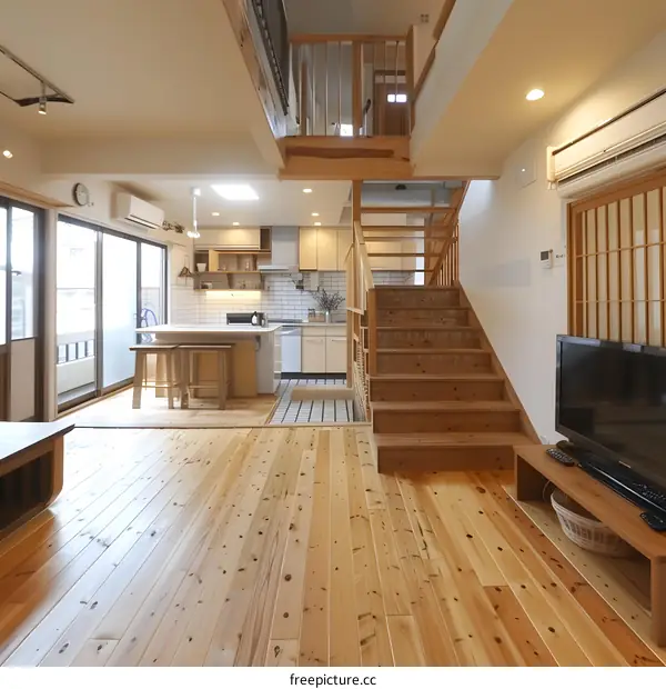 Modern Open Concept Living Room Design With Wooden Staircase