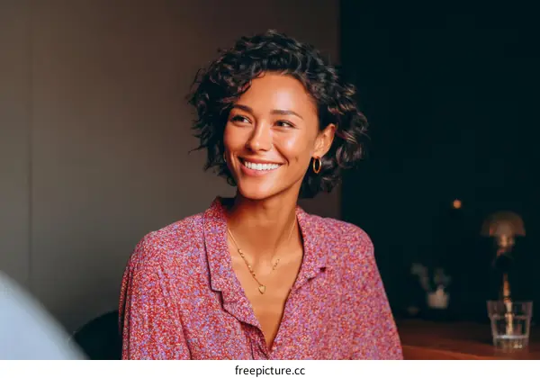Smiling Woman in a Floral Top Indoor Portrait