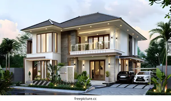 Modern White House Design with Balcony and Palm Trees