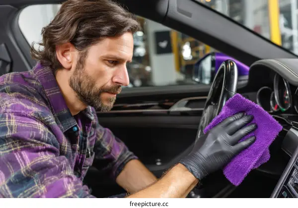 Man Cleaning Car Interior with Purple Cloth