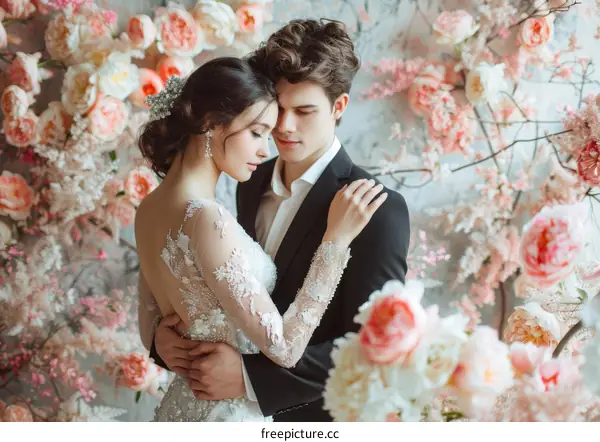 An elegant couple posing in front of a flower wall