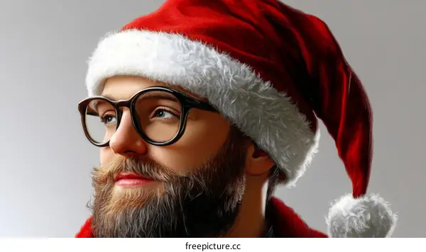 Closeup Portrait of a Man Wearing a Santa Hat and Glasses