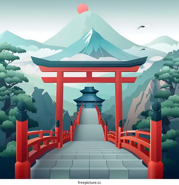 Japanese Traditional Architecture With Red Torii Gate and Mountain Background