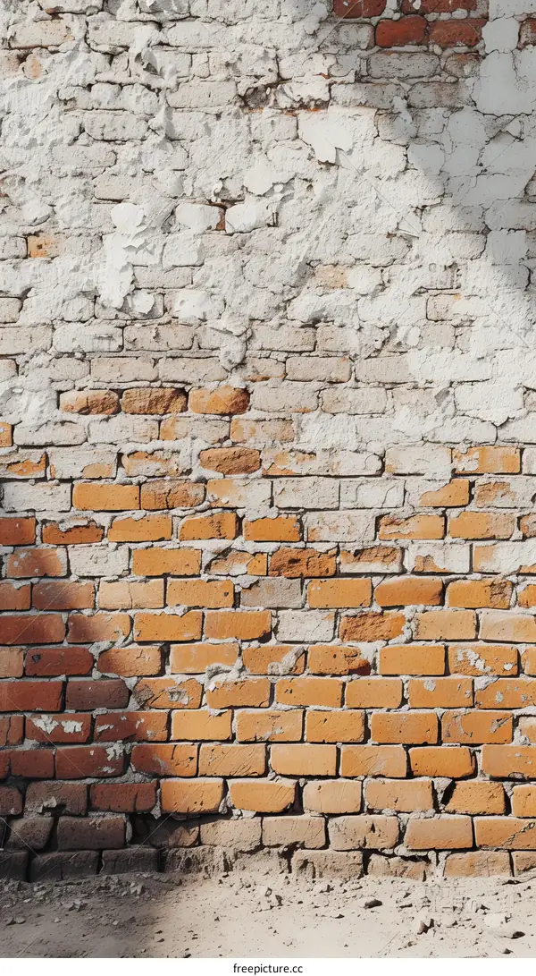 Red and white brick wall with peeling whitewash