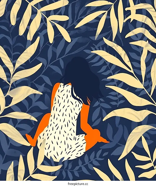 Woman Sitting In A Garden With Floral Pattern