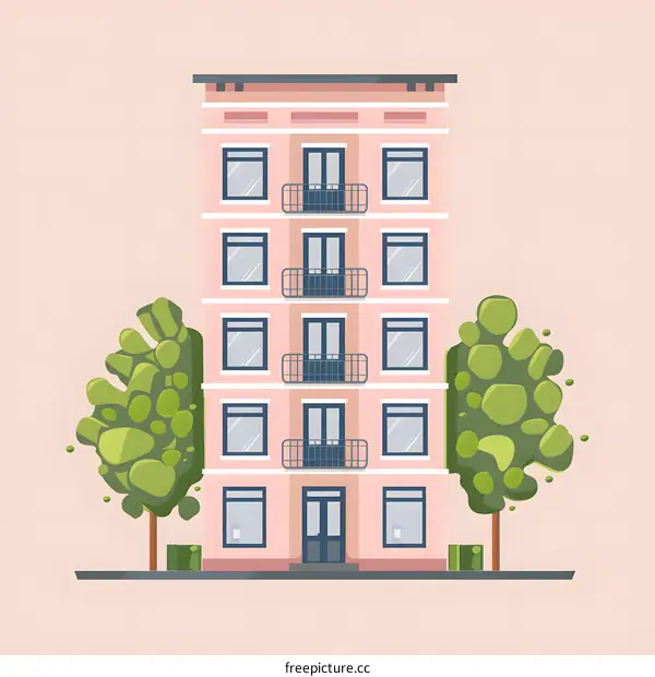 Pink Apartment Building with Trees Illustration