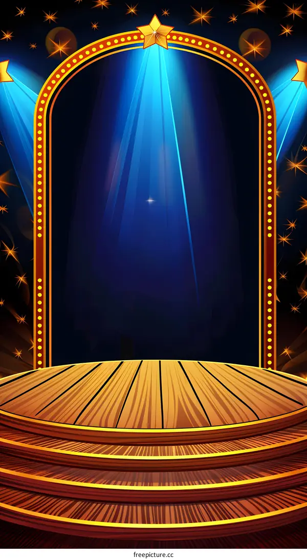 Dark Blue Stage With Spotlight And Wooden Floor