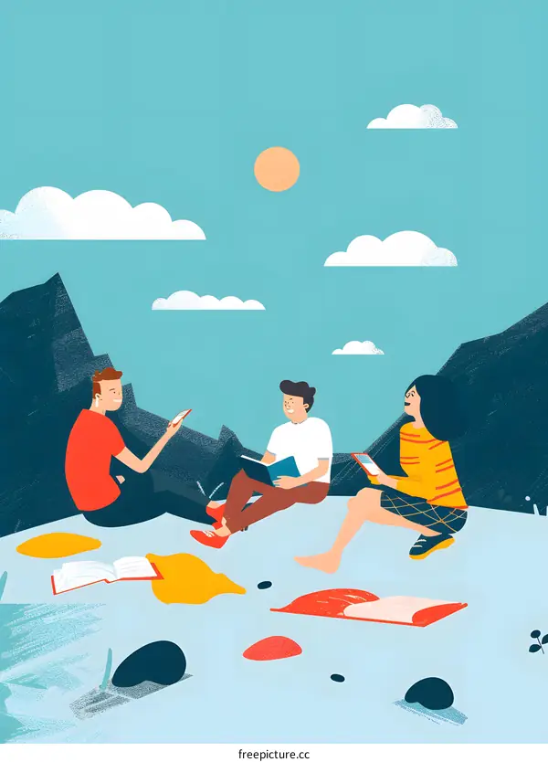 Group of Friends Reading and Relaxing on a Mountaintop