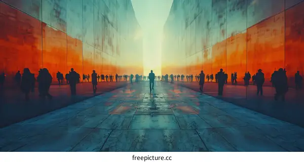 A man walking alone in a city surrounded by reflective buildings