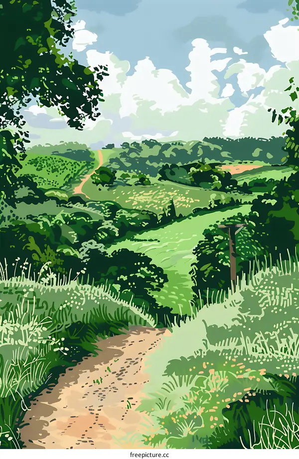 Countryside Path Leading to Rolling Hills Illustration